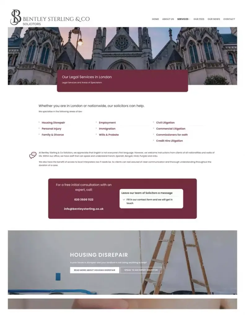 Bentley Sterling & Co Solicitors Services page after redesign