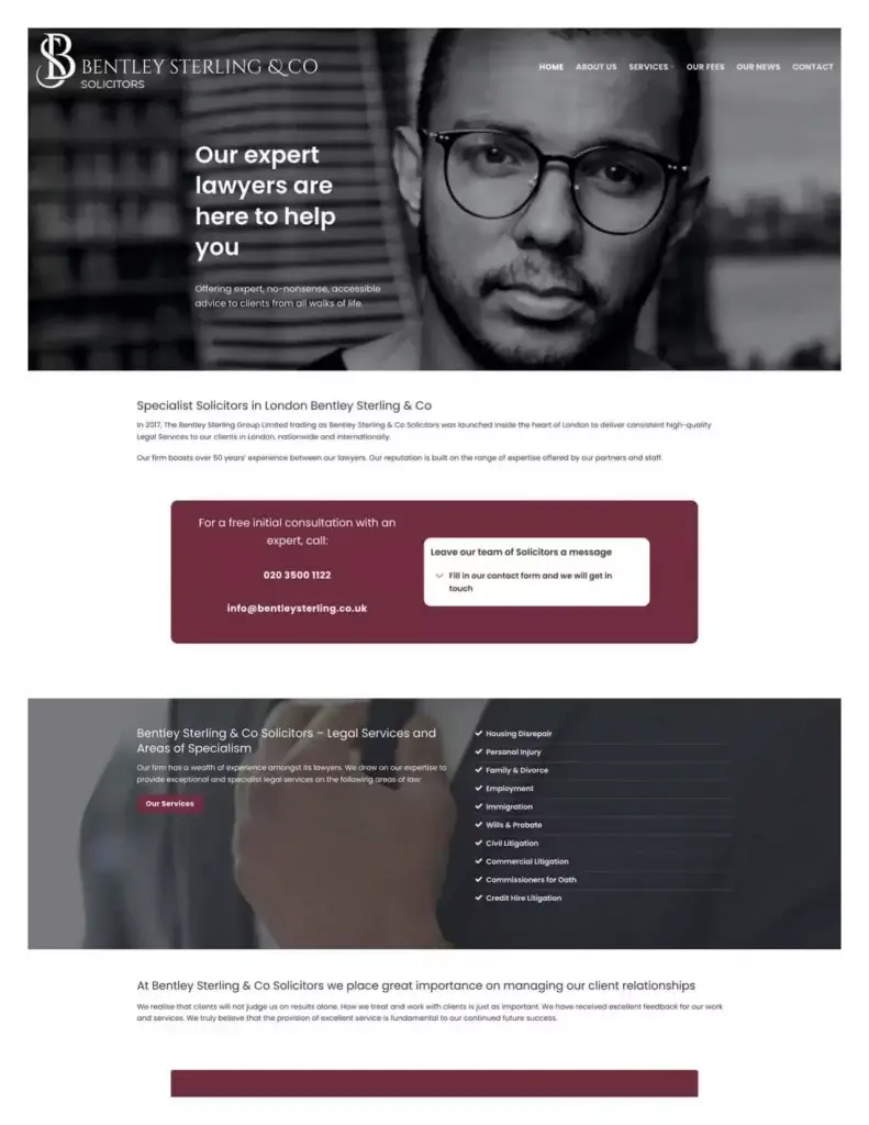 Bentley Sterling & Co Solicitors Homepage after redesign