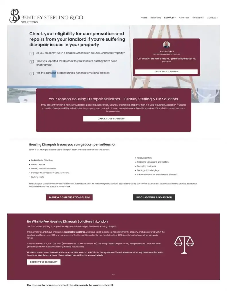 Bentley Sterling & Co Solicitors Service page after redesign